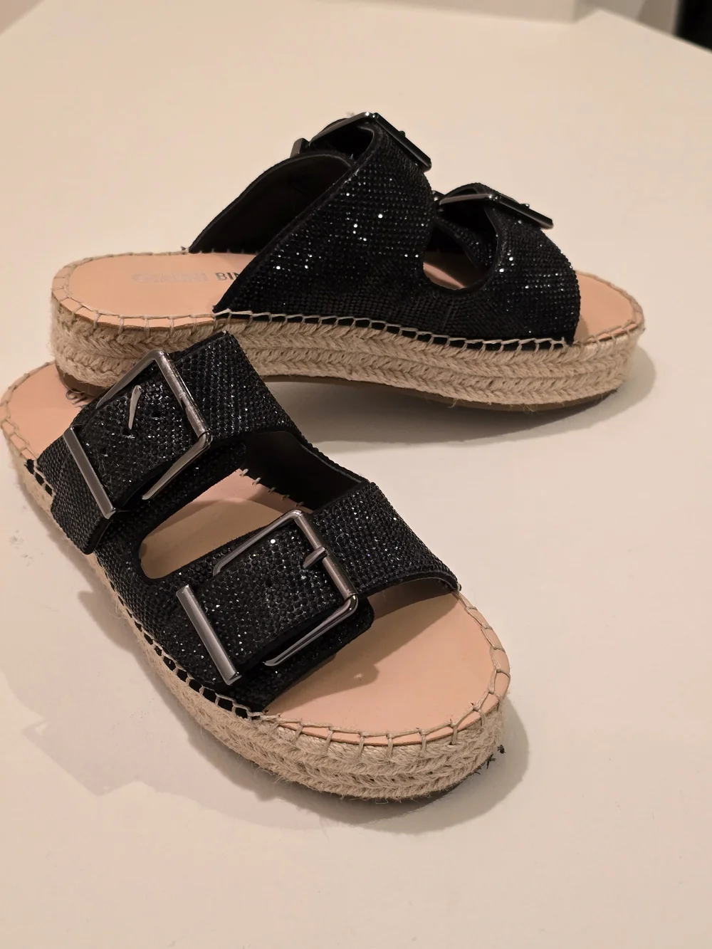 Womens Black Espadrille Slide Sandals with Sparkling Finish And Buckles